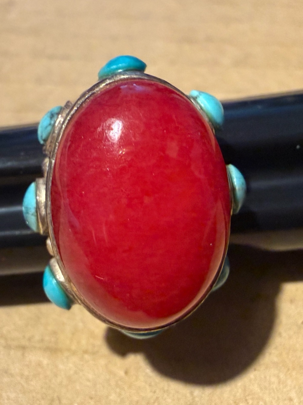 925 Turqouise Red Stone Rubelite Oval Statement Ring size 5